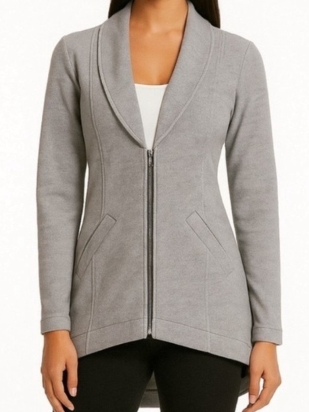 Cabi Drop Off Gray Shawl-Collar Zip Front Women’s Micro Stripe Blazer L Large
